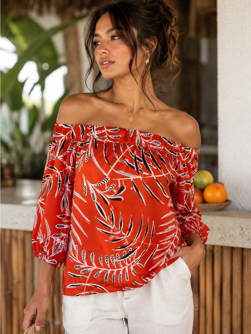 Halogen red black white off the shoulder top size Medium Nordstrom